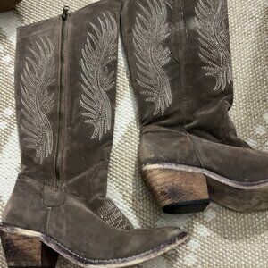 Embroidered Western Suede Knee-High Boots, Brown, Block Heel